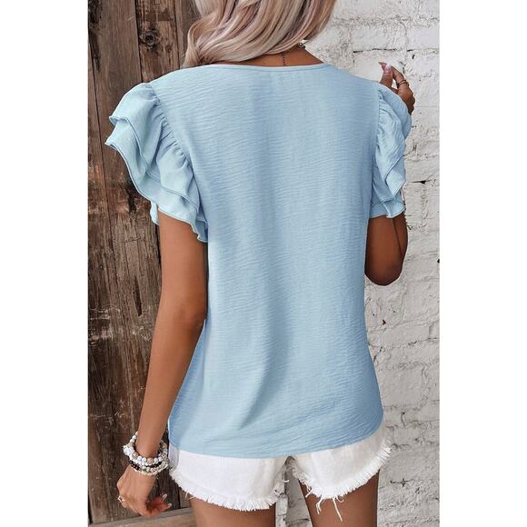 Mist Blue Ruffled Short Sleeve Top New Sizes: M L XL - Picture 4 of 8